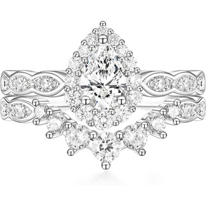 TIGRADE 1CT Teardrop Bridal Ring Sets Halo Vintage Pear Cubic Zirconia Wedding Band CZ Engagement Promise Ring for Women Size 3-12.5(Silver)