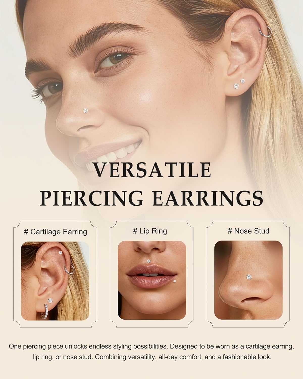 image:imageTIGRADE 2Pcs 18G G23 Titanium Hypoallergenic Piercing Jewelry Flat Back Stud Earrings Labret Lip Ring Nose Stud 6mm8mm Pin for Sensitive Ears Cartilage Helix Tragus Conch for Women MenRound CZ