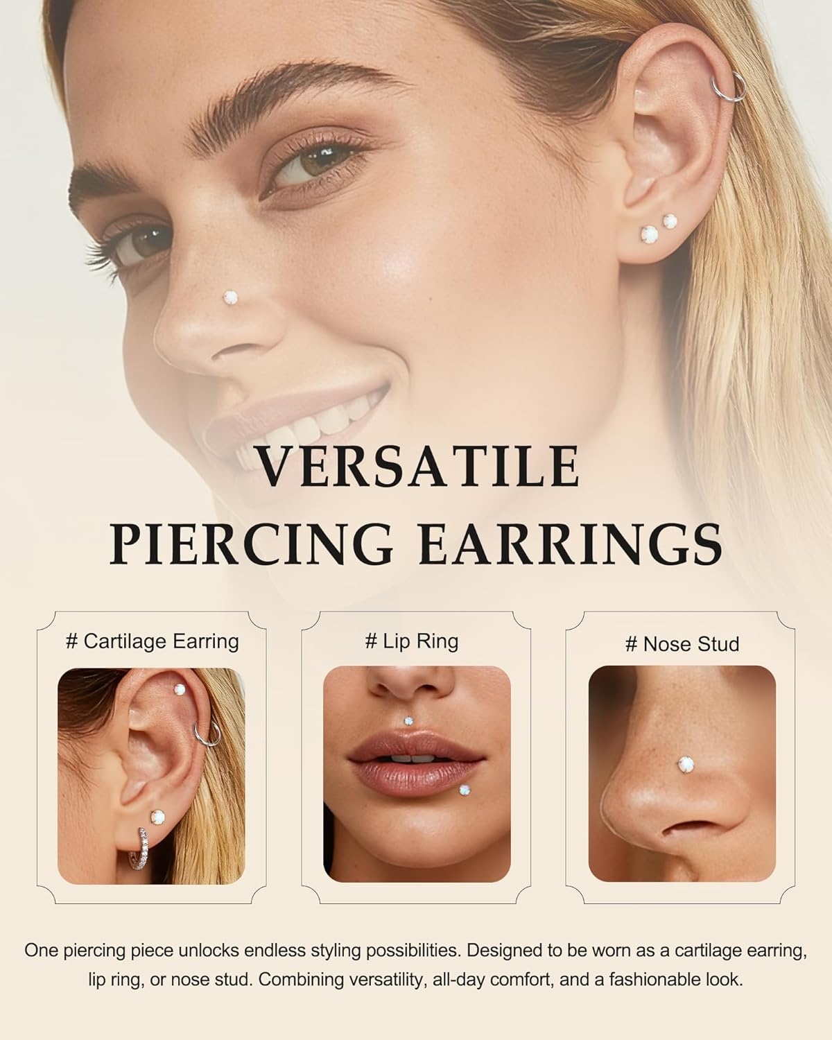 image:imageTIGRADE 2Pcs 18G G23 Titanium Hypoallergenic Piercing Jewelry Flat Back Stud Earrings Labret Lip Ring Nose Stud 6mm8mm Pin for Sensitive Ears Cartilage Helix Tragus Conch for Women MenOpal