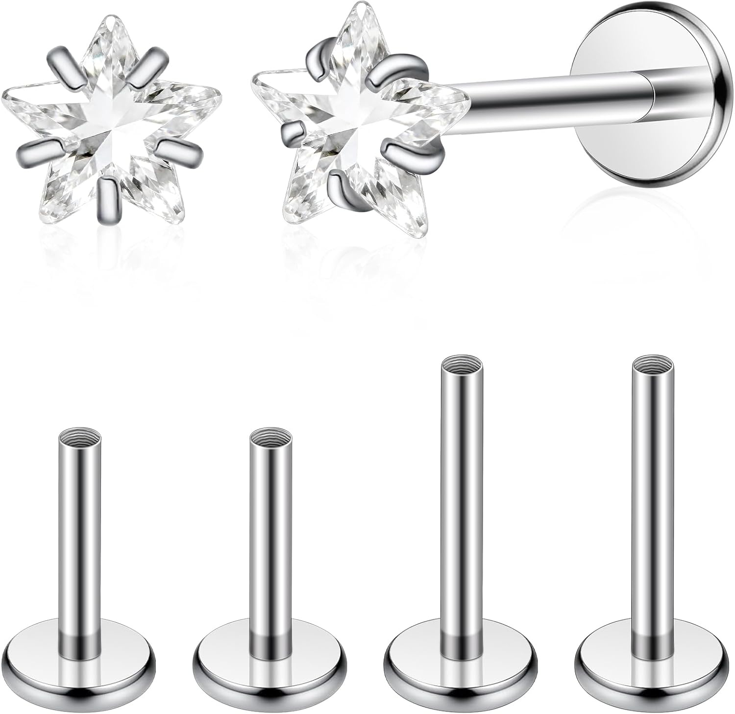 image:imageTIGRADE 2Pcs 18G G23 Titanium Hypoallergenic Piercing Jewelry Flat Back Stud Earrings Labret Lip Ring Nose Stud 6mm8mm Pin for Sensitive Ears Cartilage Helix Tragus Conch for Women MenStar CZ