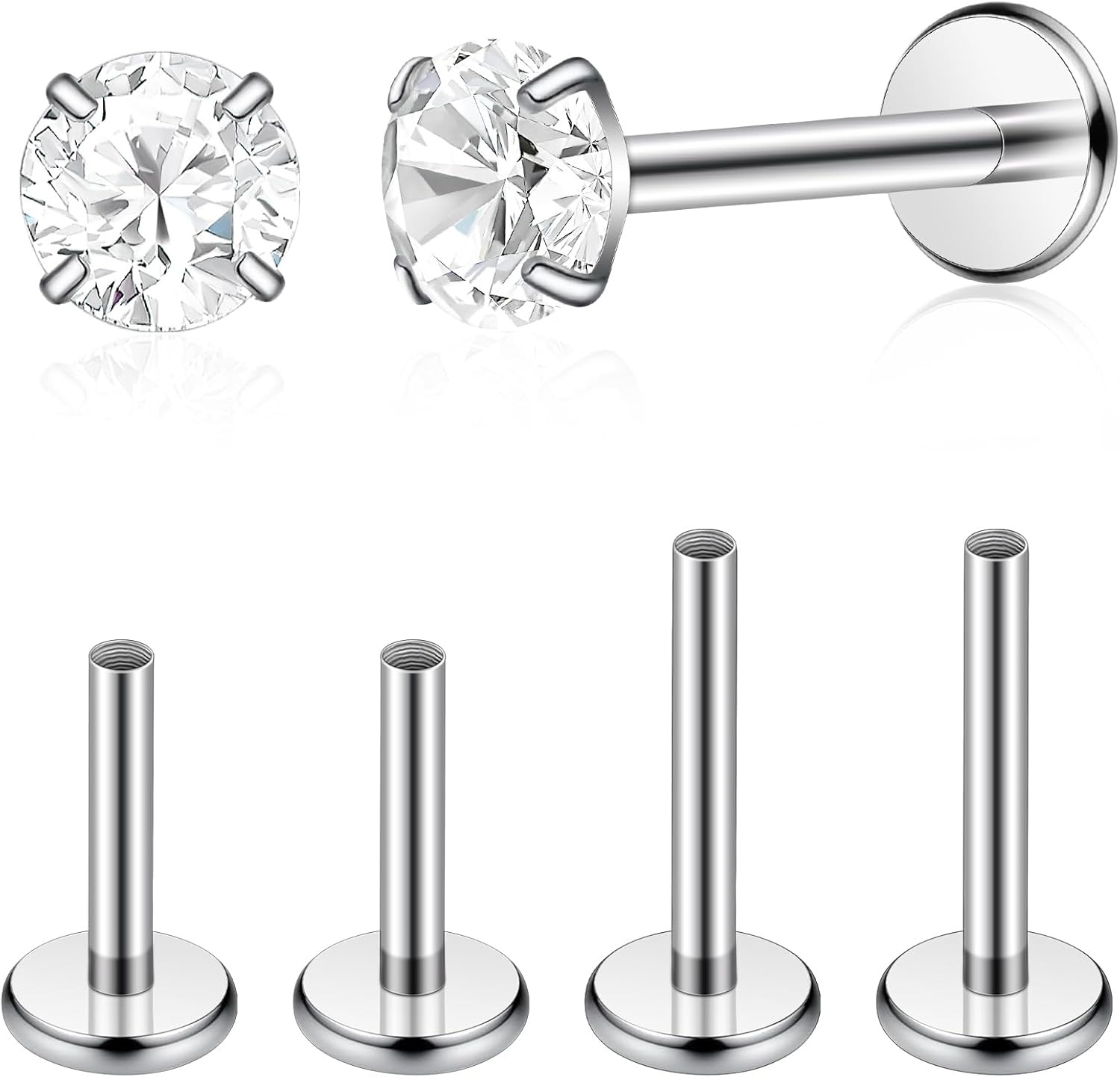 image:imageTIGRADE 2Pcs 18G G23 Titanium Hypoallergenic Piercing Jewelry Flat Back Stud Earrings Labret Lip Ring Nose Stud 6mm8mm Pin for Sensitive Ears Cartilage Helix Tragus Conch for Women MenRound CZ
