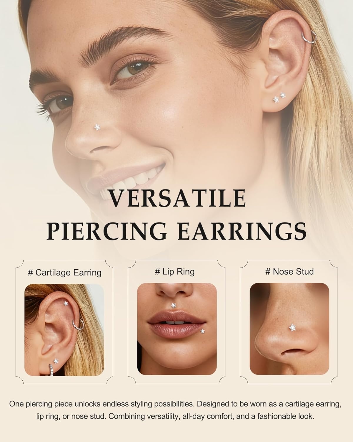 image:imageTIGRADE 2Pcs 18G G23 Titanium Hypoallergenic Piercing Jewelry Flat Back Stud Earrings Labret Lip Ring Nose Stud 6mm8mm Pin for Sensitive Ears Cartilage Helix Tragus Conch for Women MenStar CZ