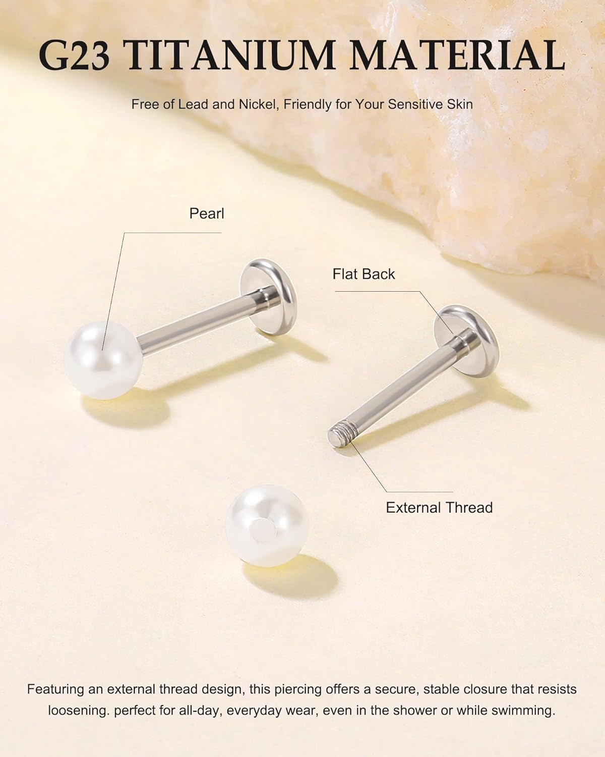 image:imageTIGRADE 2Pcs 18G G23 Titanium Hypoallergenic Piercing Jewelry Flat Back Stud Earrings Labret Lip Ring Nose Stud 6mm8mm Pin for Sensitive Ears Cartilage Helix Tragus Conch for Women MenPearl