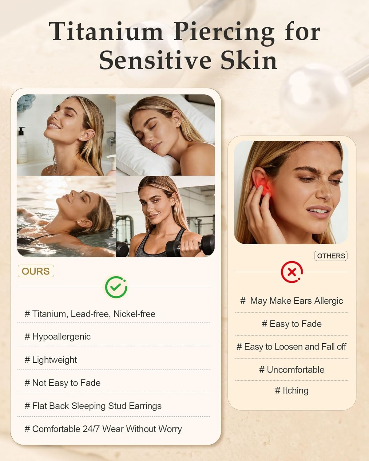 image:imageTIGRADE 2Pcs 18G G23 Titanium Hypoallergenic Piercing Jewelry Flat Back Stud Earrings Labret Lip Ring Nose Stud 6mm8mm Pin for Sensitive Ears Cartilage Helix Tragus Conch for Women MenPearl