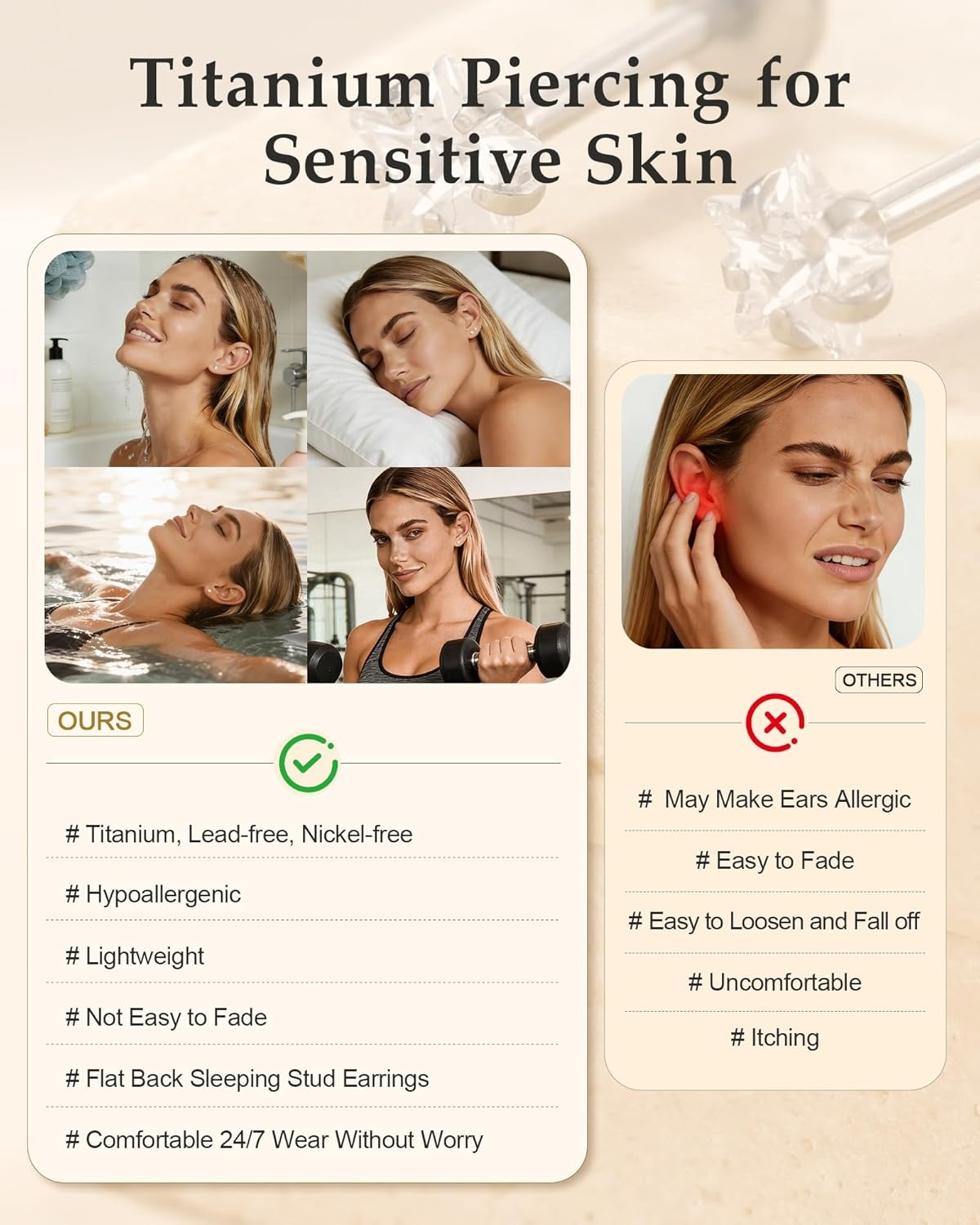 image:imageTIGRADE 2Pcs 18G G23 Titanium Hypoallergenic Piercing Jewelry Flat Back Stud Earrings Labret Lip Ring Nose Stud 6mm8mm Pin for Sensitive Ears Cartilage Helix Tragus Conch for Women MenStar CZ