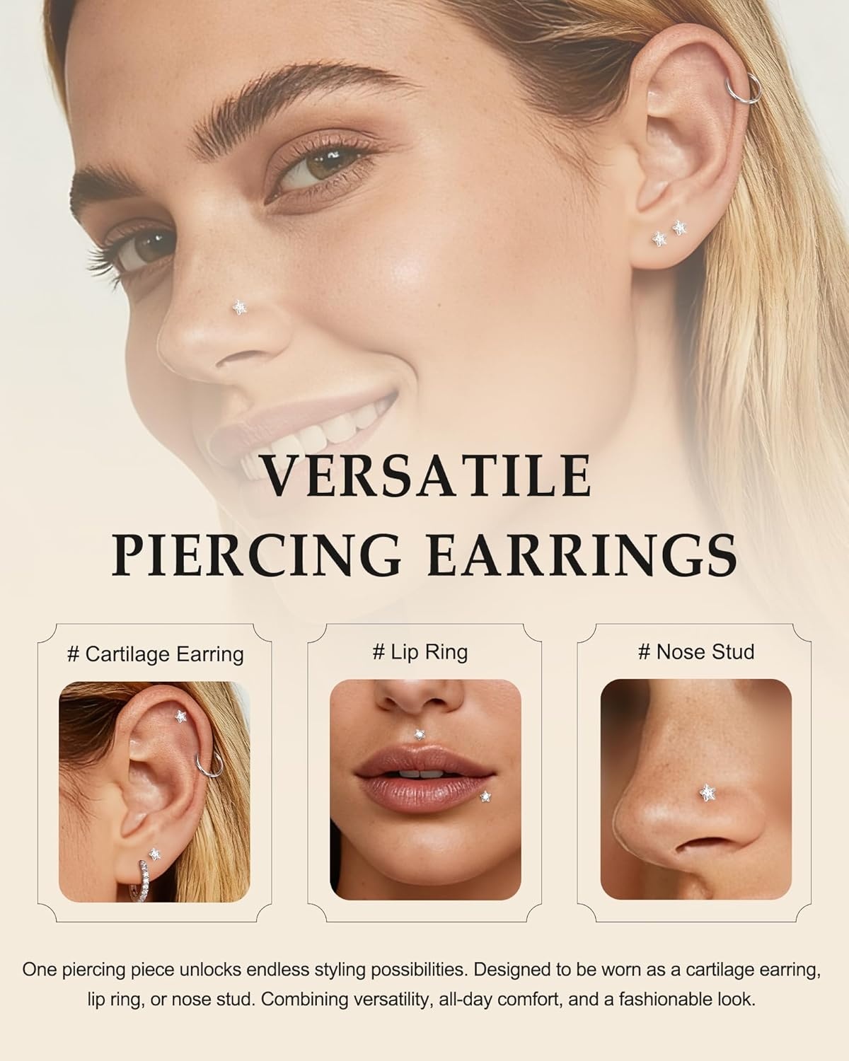 image:imageTIGRADE 2Pcs 18G G23 Titanium Hypoallergenic Piercing Jewelry Flat Back Stud Earrings Labret Lip Ring Nose Stud 6mm8mm Pin for Sensitive Ears Cartilage Helix Tragus Conch for Women MenStar CZ
