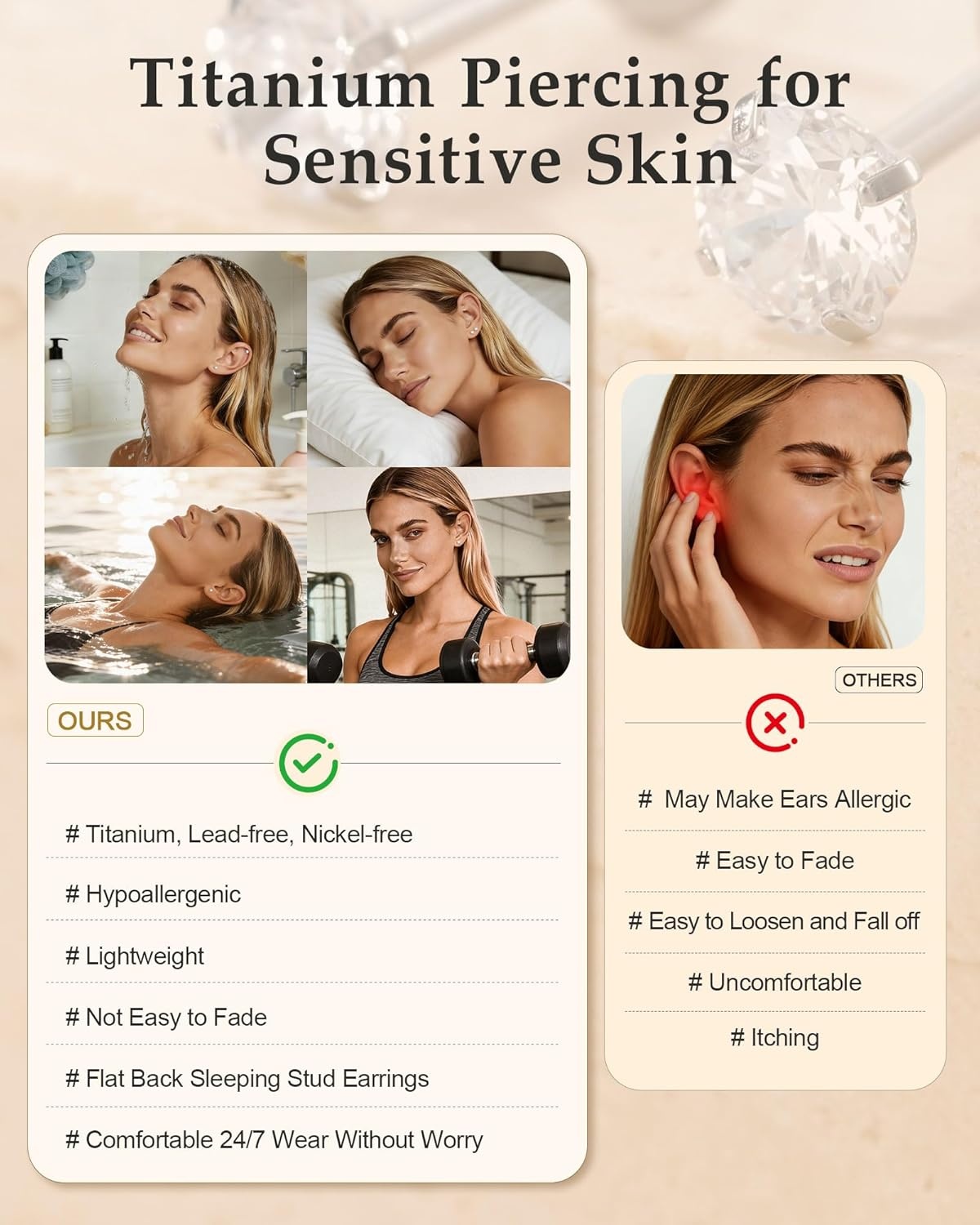 image:imageTIGRADE 2Pcs 18G G23 Titanium Hypoallergenic Piercing Jewelry Flat Back Stud Earrings Labret Lip Ring Nose Stud 6mm8mm Pin for Sensitive Ears Cartilage Helix Tragus Conch for Women MenRound CZ