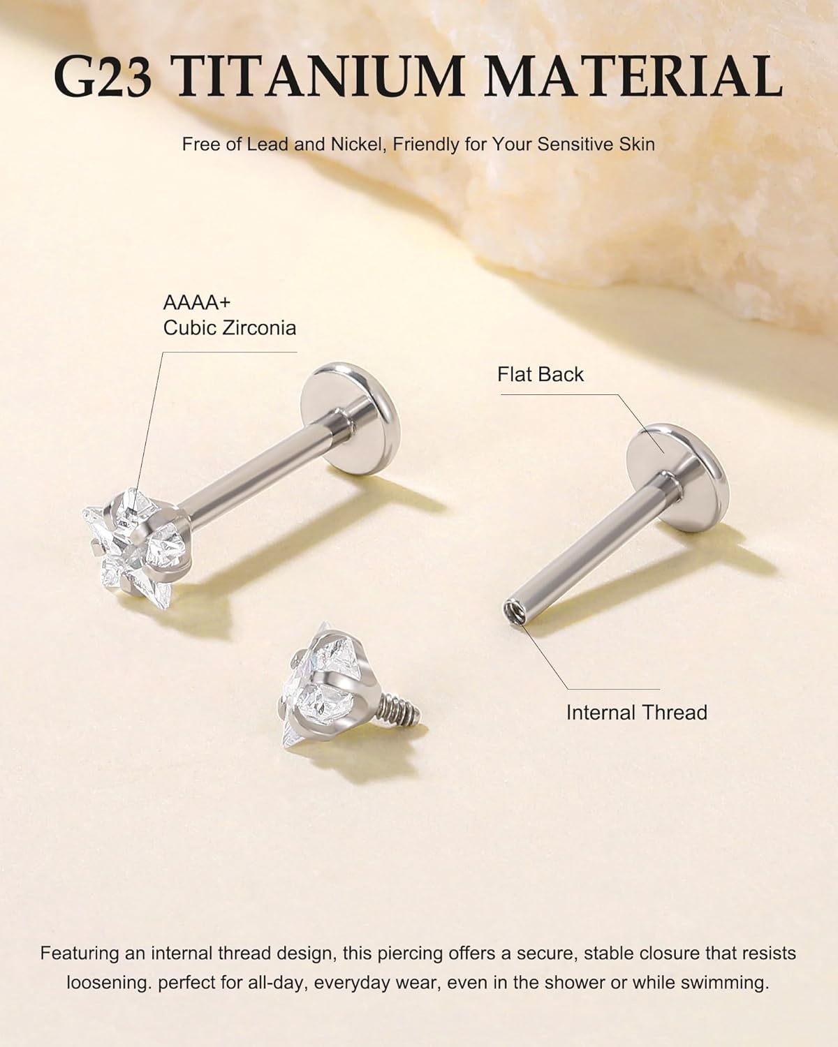 image:imageTIGRADE 2Pcs 18G G23 Titanium Hypoallergenic Piercing Jewelry Flat Back Stud Earrings Labret Lip Ring Nose Stud 6mm8mm Pin for Sensitive Ears Cartilage Helix Tragus Conch for Women MenStar CZ