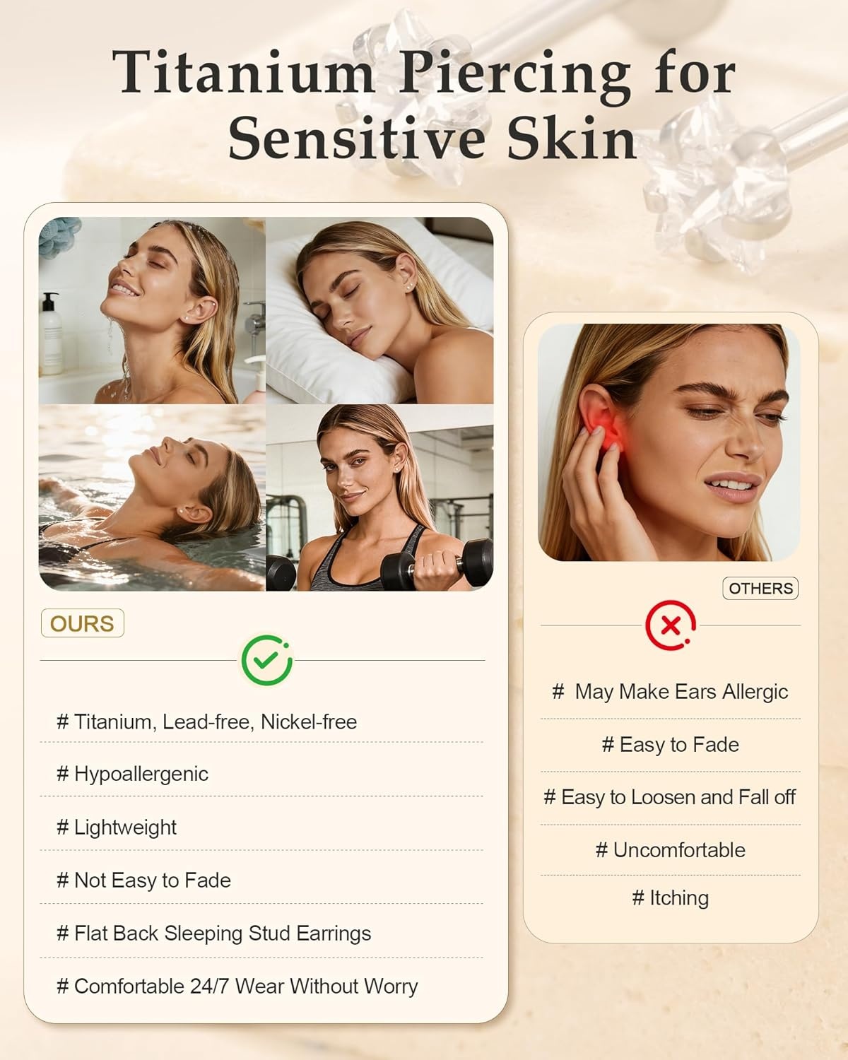 image:imageTIGRADE 2Pcs 18G G23 Titanium Hypoallergenic Piercing Jewelry Flat Back Stud Earrings Labret Lip Ring Nose Stud 6mm8mm Pin for Sensitive Ears Cartilage Helix Tragus Conch for Women MenStar CZ