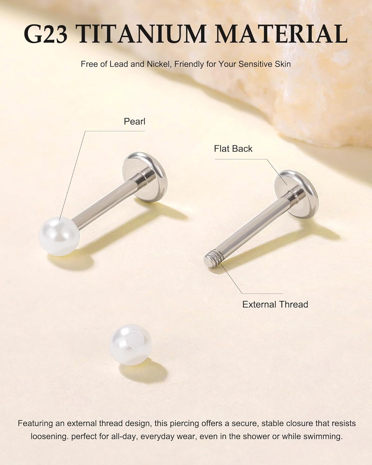 image:imageTIGRADE 2Pcs 18G G23 Titanium Hypoallergenic Piercing Jewelry Flat Back Stud Earrings Labret Lip Ring Nose Stud 6mm8mm Pin for Sensitive Ears Cartilage Helix Tragus Conch for Women MenPearl
