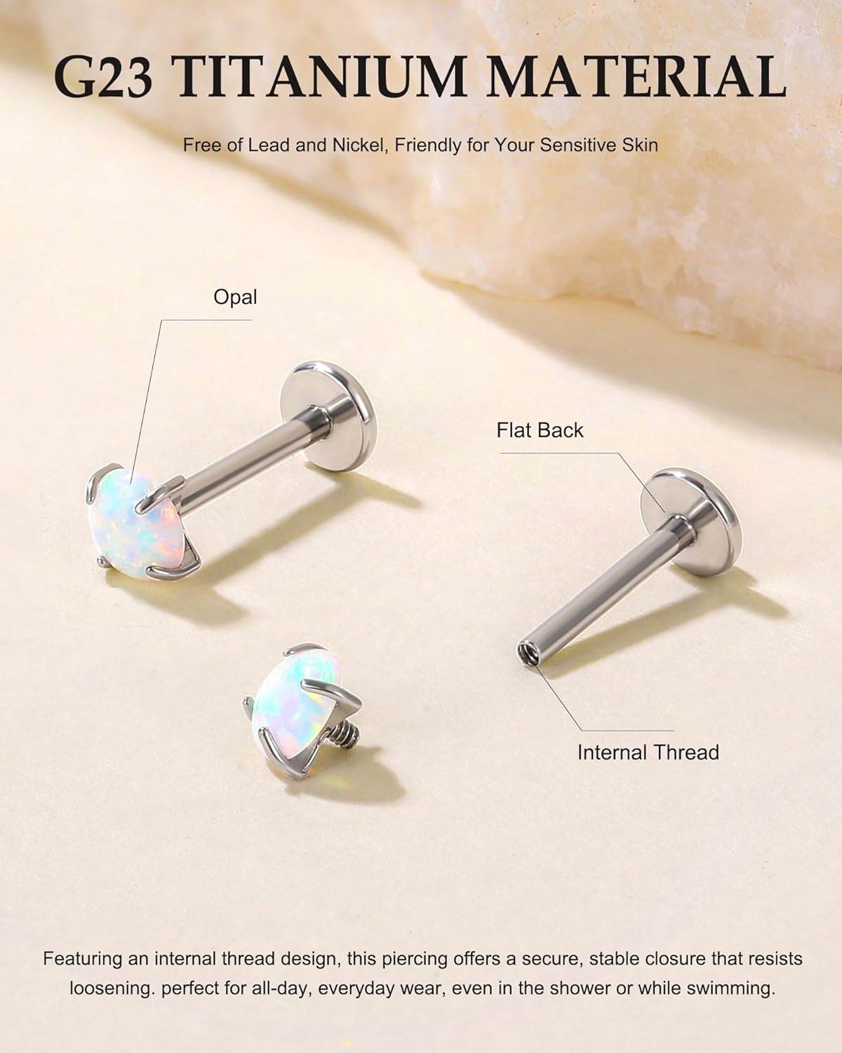 image:imageTIGRADE 2Pcs 18G G23 Titanium Hypoallergenic Piercing Jewelry Flat Back Stud Earrings Labret Lip Ring Nose Stud 6mm8mm Pin for Sensitive Ears Cartilage Helix Tragus Conch for Women MenOpal