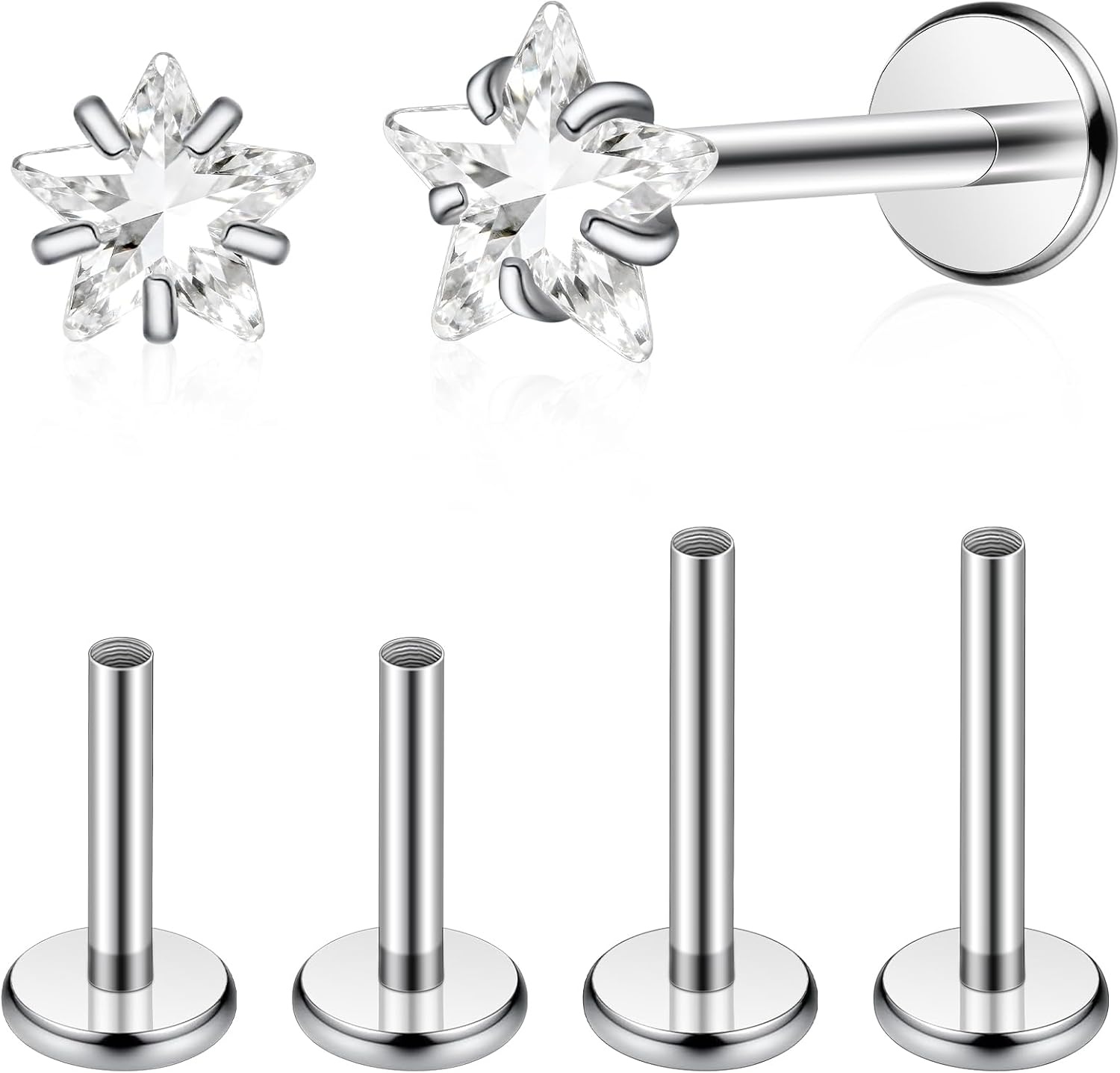 image:imageTIGRADE 2Pcs 18G G23 Titanium Hypoallergenic Piercing Jewelry Flat Back Stud Earrings Labret Lip Ring Nose Stud 6mm8mm Pin for Sensitive Ears Cartilage Helix Tragus Conch for Women MenStar CZ