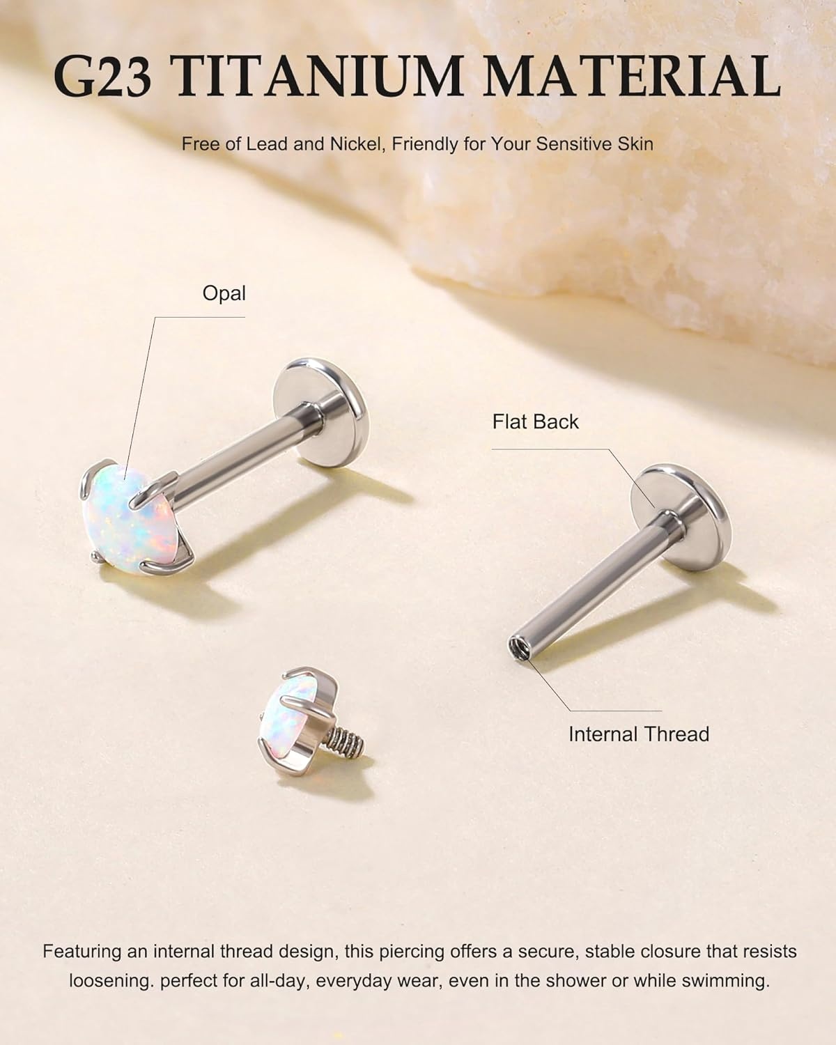 image:imageTIGRADE 2Pcs 18G G23 Titanium Hypoallergenic Piercing Jewelry Flat Back Stud Earrings Labret Lip Ring Nose Stud 6mm8mm Pin for Sensitive Ears Cartilage Helix Tragus Conch for Women MenOpal
