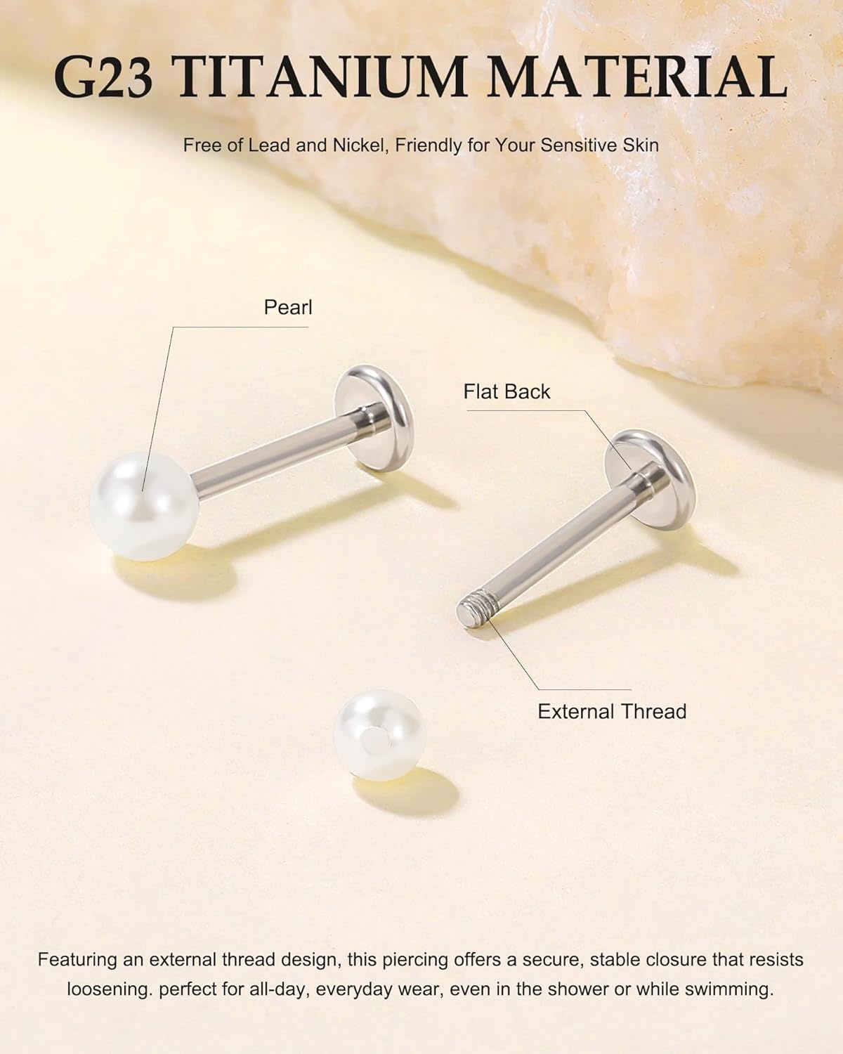 image:imageTIGRADE 2Pcs 18G G23 Titanium Hypoallergenic Piercing Jewelry Flat Back Stud Earrings Labret Lip Ring Nose Stud 6mm8mm Pin for Sensitive Ears Cartilage Helix Tragus Conch for Women MenPearl