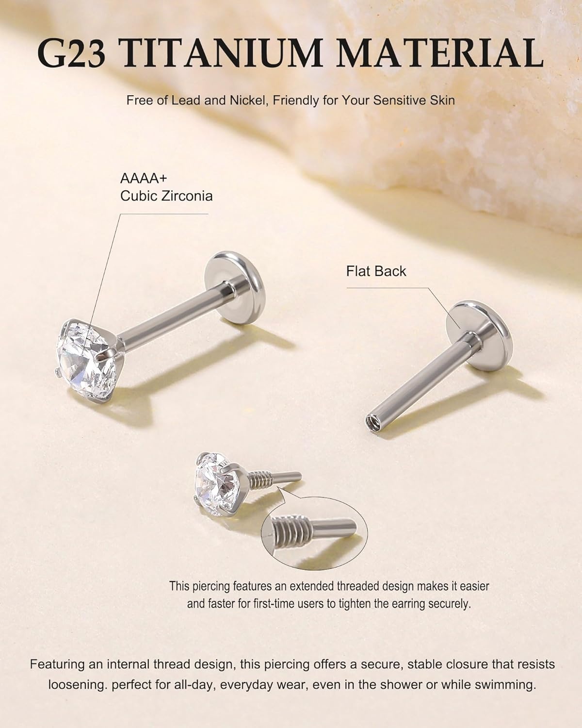 image:imageTIGRADE 2Pcs 18G G23 Titanium Hypoallergenic Piercing Jewelry Flat Back Stud Earrings Labret Lip Ring Nose Stud 6mm8mm Pin for Sensitive Ears Cartilage Helix Tragus Conch for Women MenRound CZ
