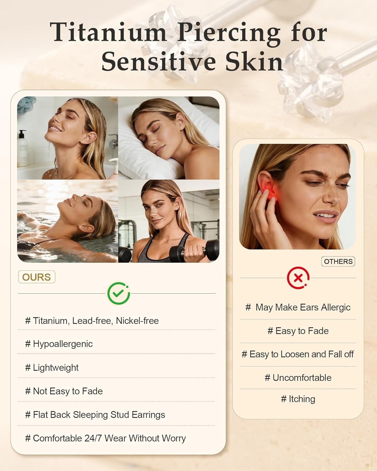 image:imageTIGRADE 2Pcs 18G G23 Titanium Hypoallergenic Piercing Jewelry Flat Back Stud Earrings Labret Lip Ring Nose Stud 6mm8mm Pin for Sensitive Ears Cartilage Helix Tragus Conch for Women MenStar CZ