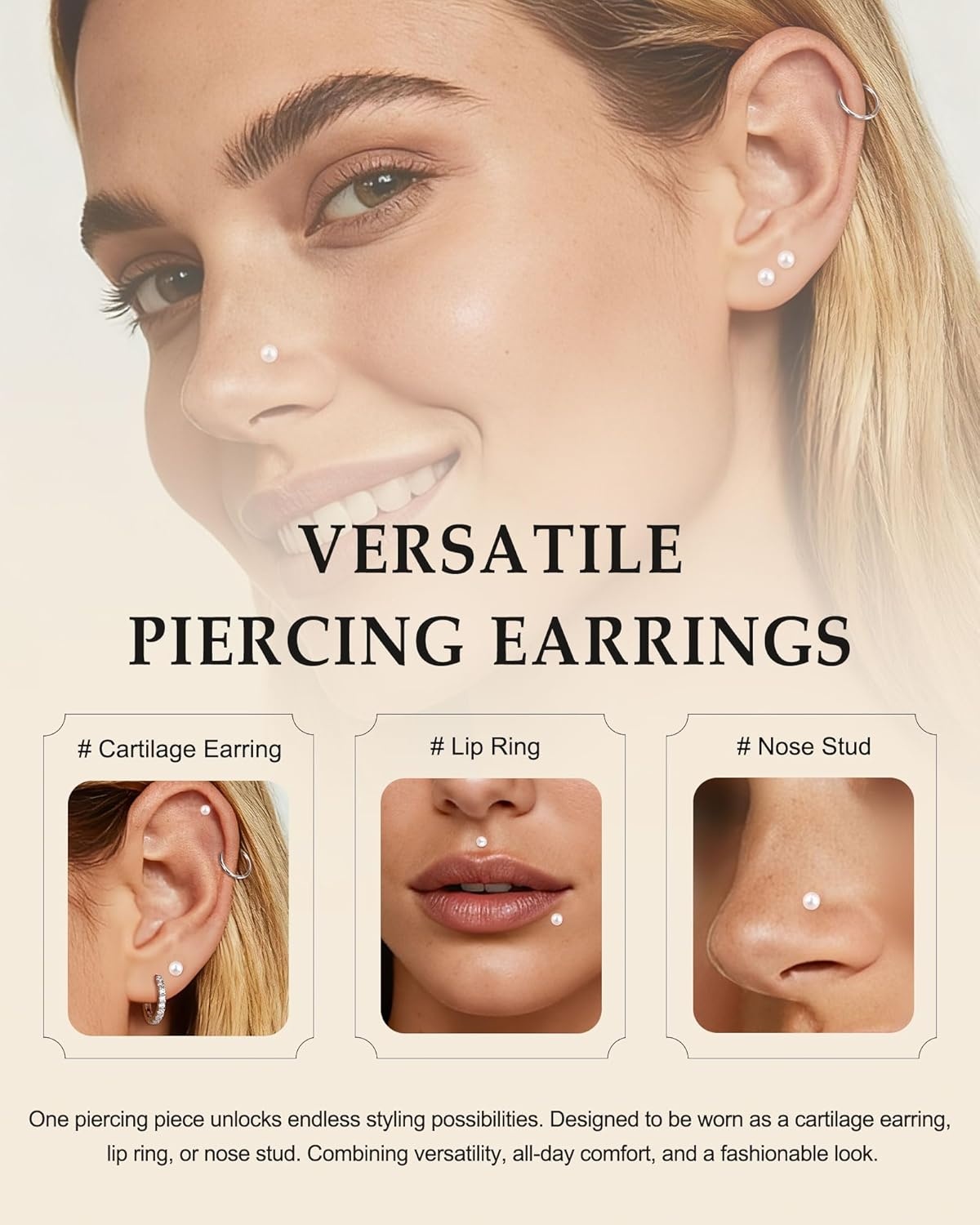 image:imageTIGRADE 2Pcs 18G G23 Titanium Hypoallergenic Piercing Jewelry Flat Back Stud Earrings Labret Lip Ring Nose Stud 6mm8mm Pin for Sensitive Ears Cartilage Helix Tragus Conch for Women MenPearl