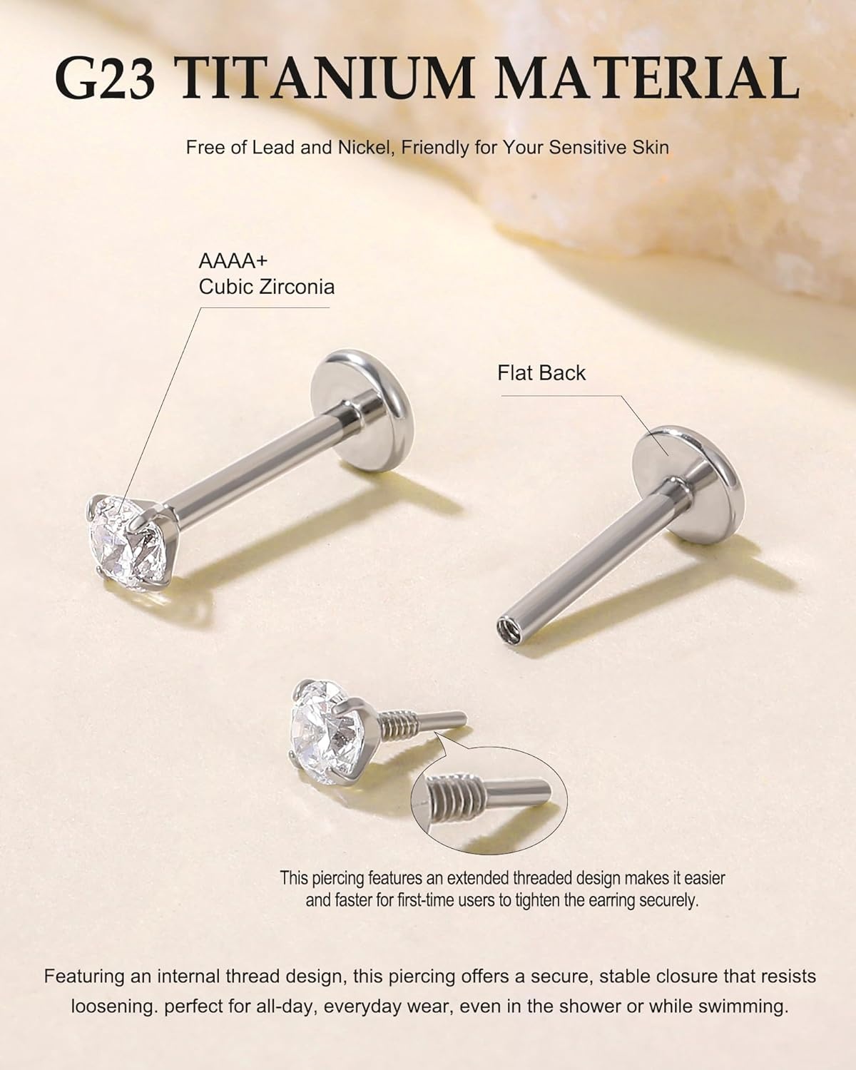 image:imageTIGRADE 2Pcs 18G G23 Titanium Hypoallergenic Piercing Jewelry Flat Back Stud Earrings Labret Lip Ring Nose Stud 6mm8mm Pin for Sensitive Ears Cartilage Helix Tragus Conch for Women MenRound CZ