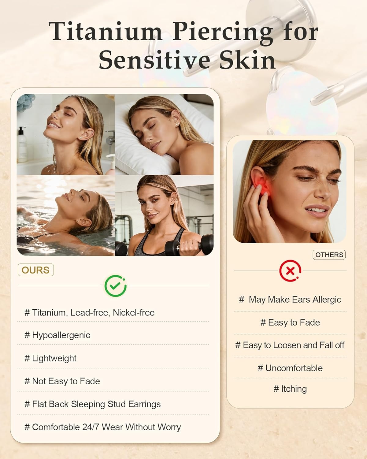 image:imageTIGRADE 2Pcs 18G G23 Titanium Hypoallergenic Piercing Jewelry Flat Back Stud Earrings Labret Lip Ring Nose Stud 6mm8mm Pin for Sensitive Ears Cartilage Helix Tragus Conch for Women MenOpal