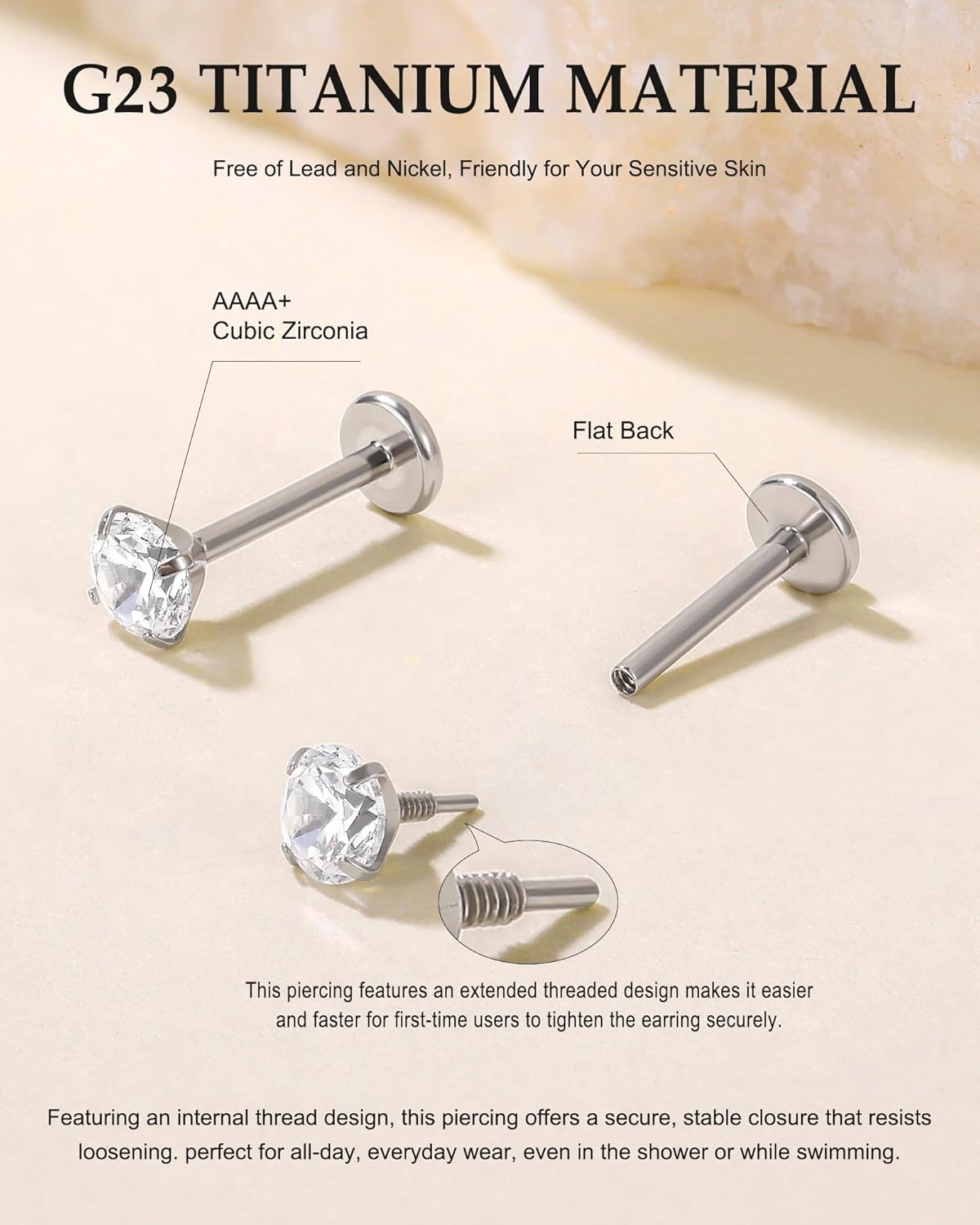 image:imageTIGRADE 2Pcs 18G G23 Titanium Hypoallergenic Piercing Jewelry Flat Back Stud Earrings Labret Lip Ring Nose Stud 6mm8mm Pin for Sensitive Ears Cartilage Helix Tragus Conch for Women MenRound CZ