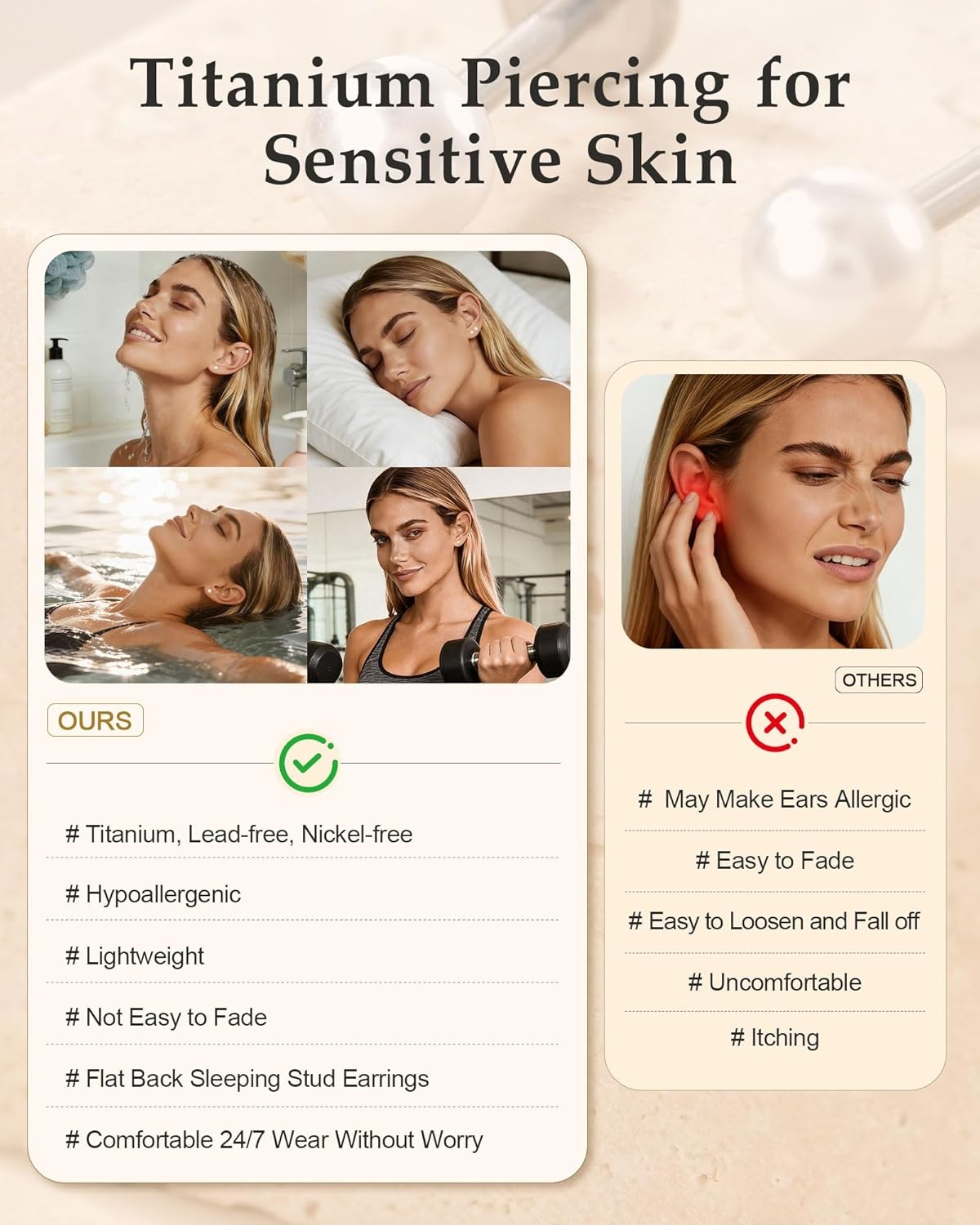 image:imageTIGRADE 2Pcs 18G G23 Titanium Hypoallergenic Piercing Jewelry Flat Back Stud Earrings Labret Lip Ring Nose Stud 6mm8mm Pin for Sensitive Ears Cartilage Helix Tragus Conch for Women MenPearl