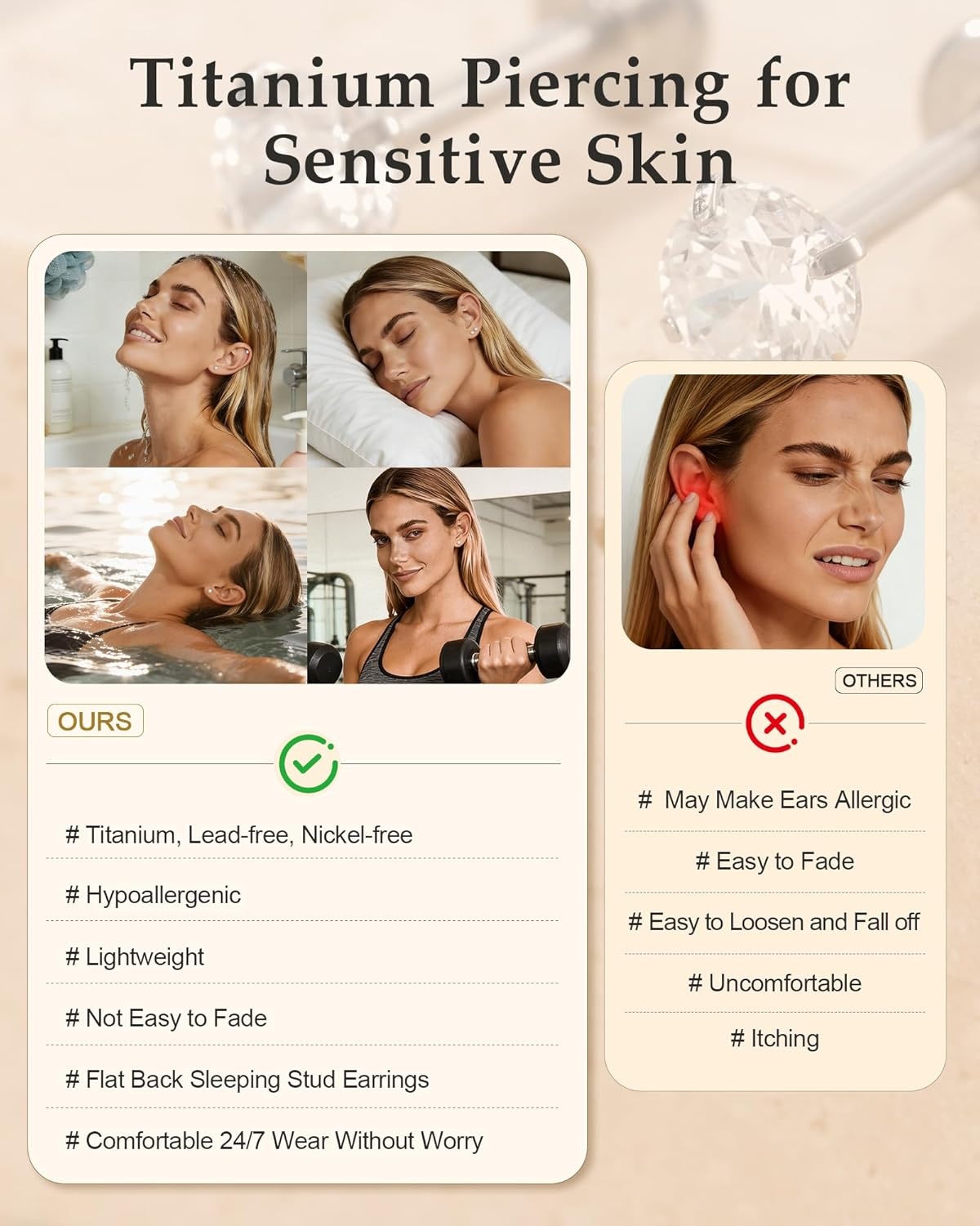 image:imageTIGRADE 2Pcs 18G G23 Titanium Hypoallergenic Piercing Jewelry Flat Back Stud Earrings Labret Lip Ring Nose Stud 6mm8mm Pin for Sensitive Ears Cartilage Helix Tragus Conch for Women MenRound CZ