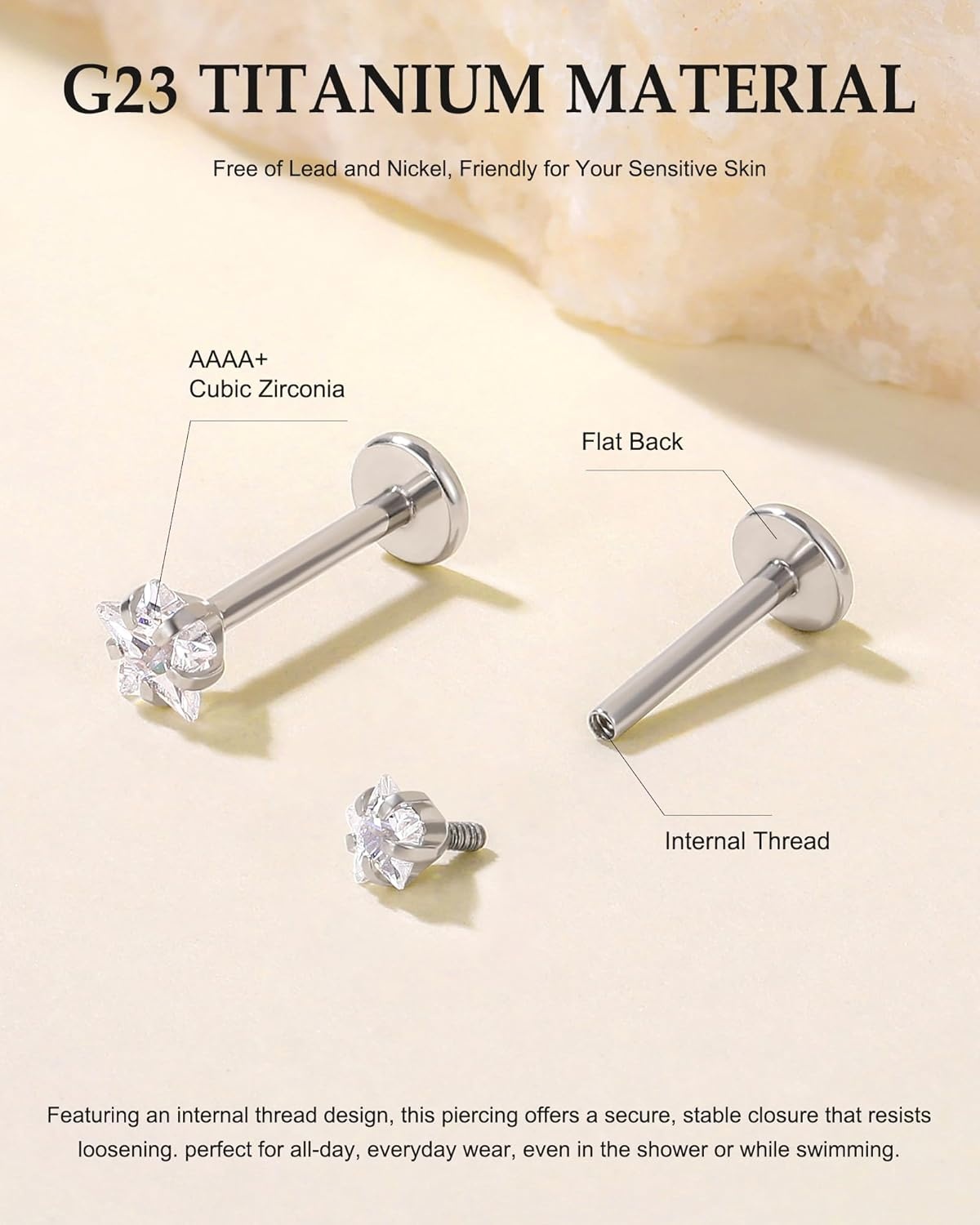 image:imageTIGRADE 2Pcs 18G G23 Titanium Hypoallergenic Piercing Jewelry Flat Back Stud Earrings Labret Lip Ring Nose Stud 6mm8mm Pin for Sensitive Ears Cartilage Helix Tragus Conch for Women MenStar CZ