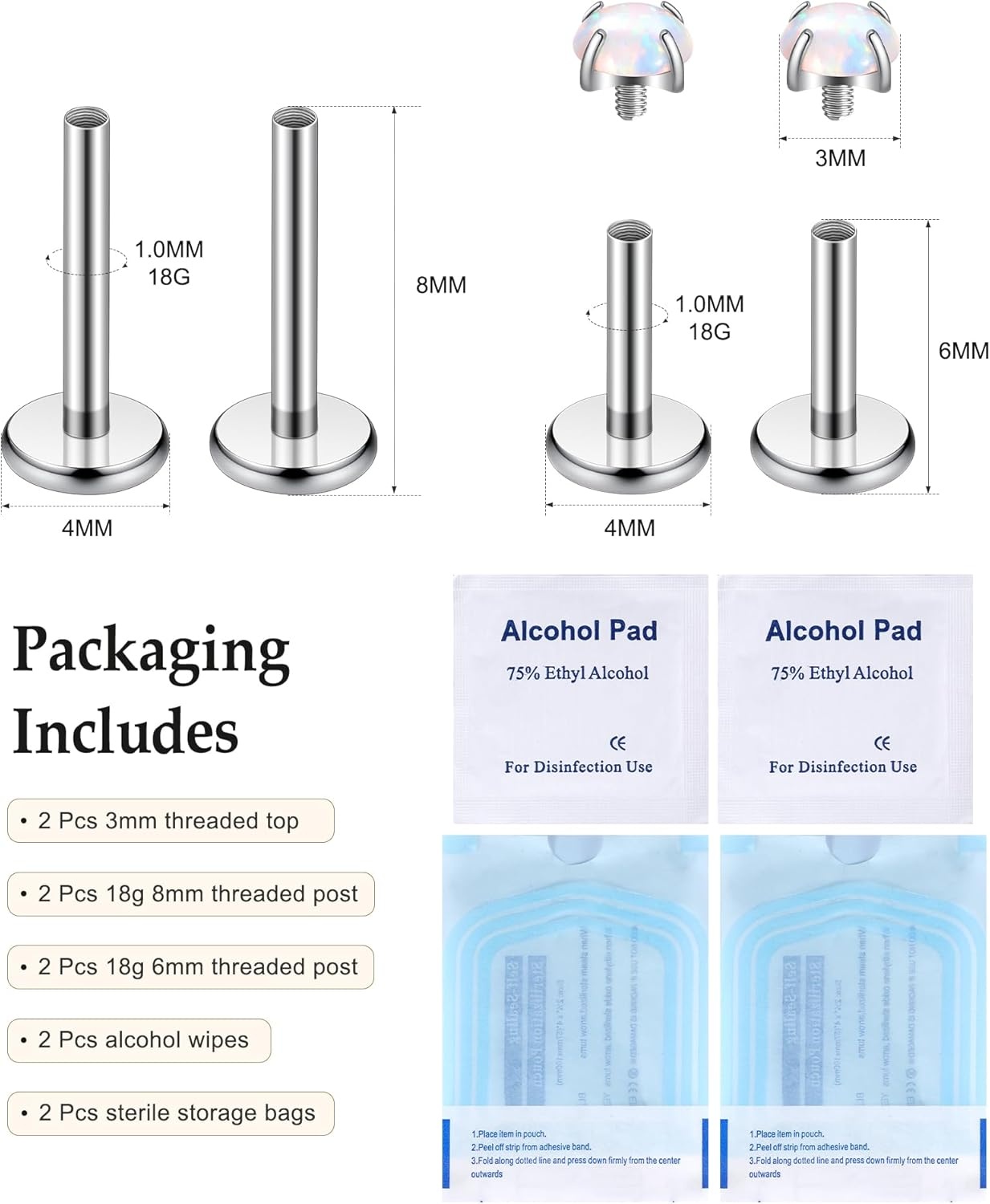 image:imageTIGRADE 2Pcs 18G G23 Titanium Hypoallergenic Piercing Jewelry Flat Back Stud Earrings Labret Lip Ring Nose Stud 6mm8mm Pin for Sensitive Ears Cartilage Helix Tragus Conch for Women MenOpal
