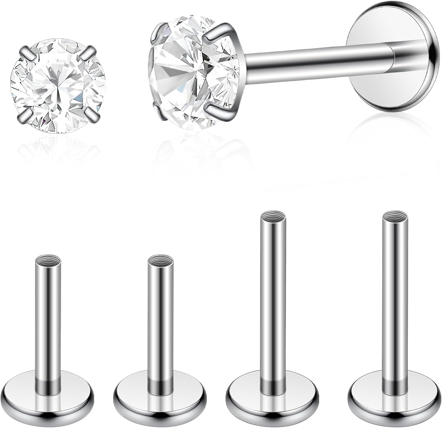 image:imageTIGRADE 2Pcs 18G G23 Titanium Hypoallergenic Piercing Jewelry Flat Back Stud Earrings Labret Lip Ring Nose Stud 6mm8mm Pin for Sensitive Ears Cartilage Helix Tragus Conch for Women MenRound CZ