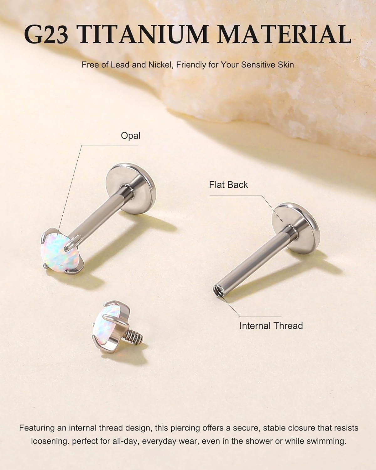 image:imageTIGRADE 2Pcs 18G G23 Titanium Hypoallergenic Piercing Jewelry Flat Back Stud Earrings Labret Lip Ring Nose Stud 6mm8mm Pin for Sensitive Ears Cartilage Helix Tragus Conch for Women MenOpal