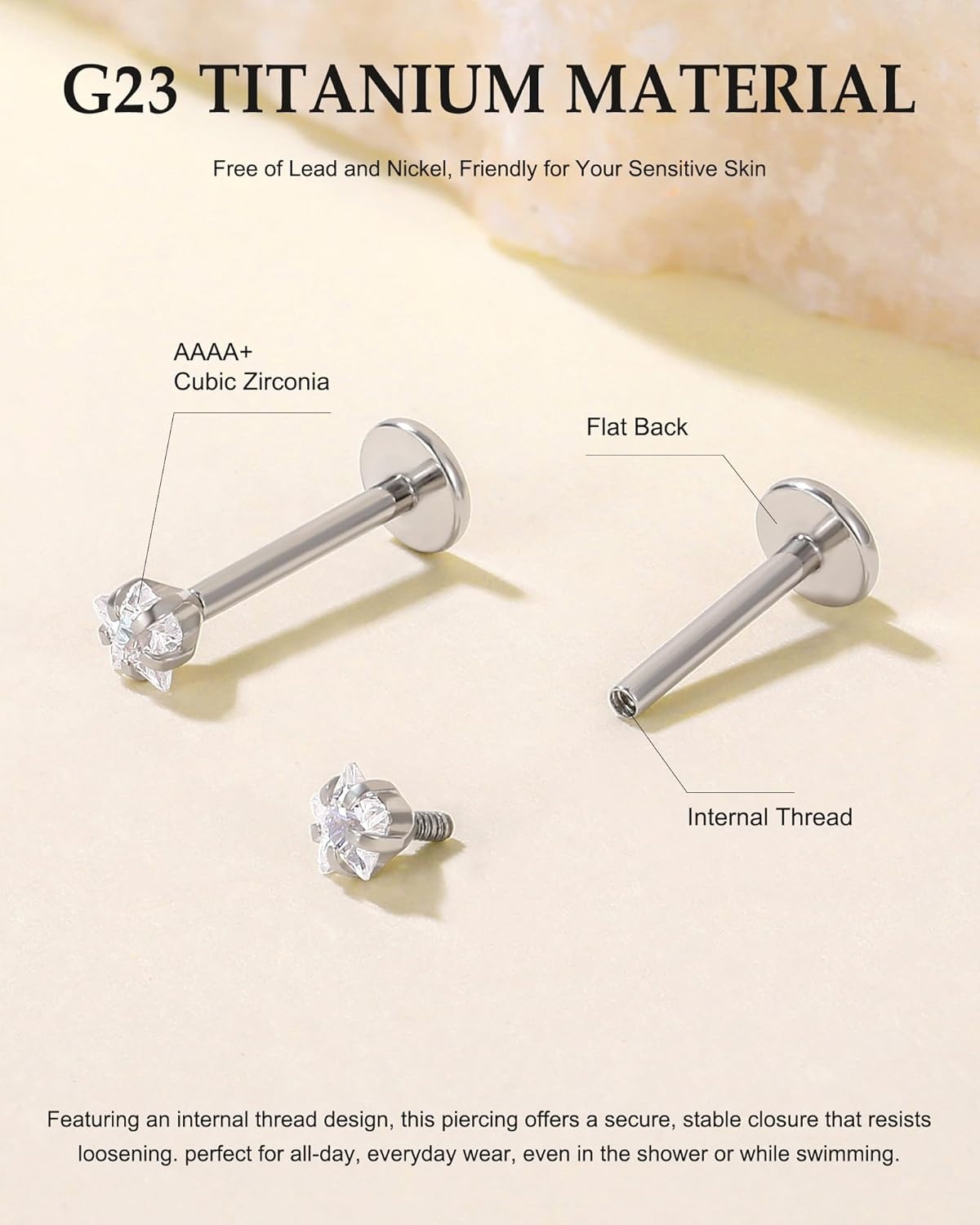 image:imageTIGRADE 2Pcs 18G G23 Titanium Hypoallergenic Piercing Jewelry Flat Back Stud Earrings Labret Lip Ring Nose Stud 6mm8mm Pin for Sensitive Ears Cartilage Helix Tragus Conch for Women MenStar CZ