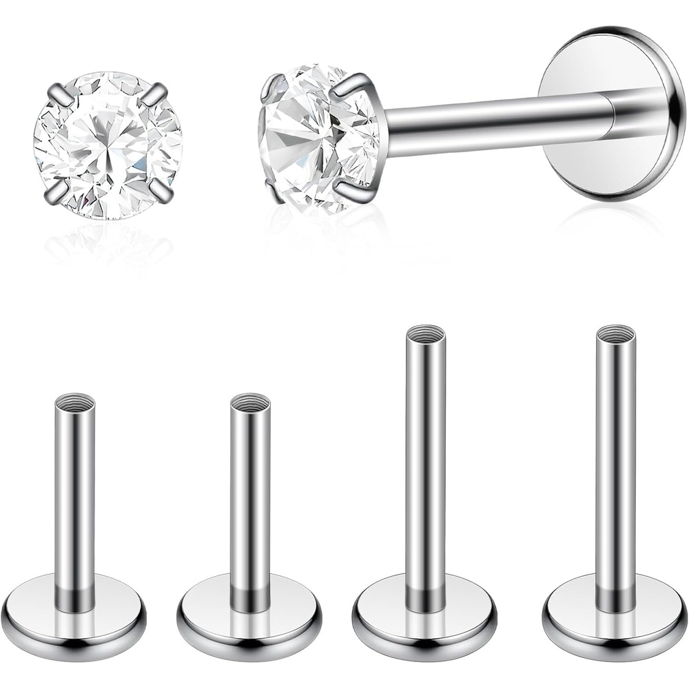 image:imageTIGRADE 2Pcs 18G G23 Titanium Hypoallergenic Piercing Jewelry Flat Back Stud Earrings Labret Lip Ring Nose Stud 6mm8mm Pin for Sensitive Ears Cartilage Helix Tragus Conch for Women MenRound CZ