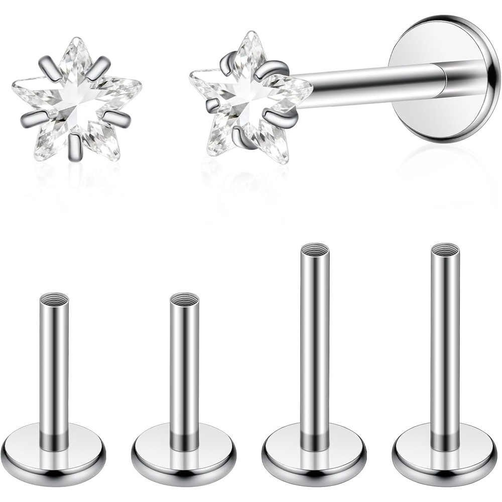 image:imageTIGRADE 2Pcs 18G G23 Titanium Hypoallergenic Piercing Jewelry Flat Back Stud Earrings Labret Lip Ring Nose Stud 6mm8mm Pin for Sensitive Ears Cartilage Helix Tragus Conch for Women MenStar CZ