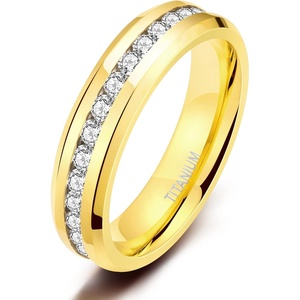 TIGRADE 6mm Gold Titanium Ring Cubic Zirconia Engagement Ring Wedding Band Size 4 to 12.5(6mm beveled edge)
